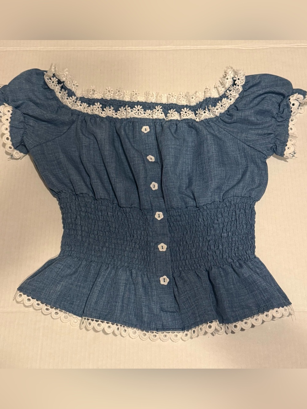 SHEIN Blue Off-Shoulder Lace-Trim Smocked Top